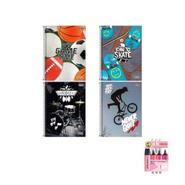 Imagem de Kit Caderno Universitário Vibe Masc 10M 160F Tilibra Caneta Trigel Branca 0.8mm e Marca Texto Boss 4 Cores