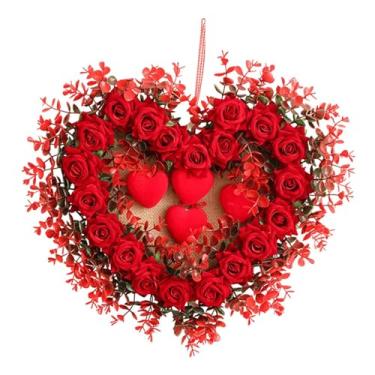 Imagem de Baoblaze Guirlanda de rosas artificiais em formato de coração para decoração de Dia dos Namorados na porta de entrada.