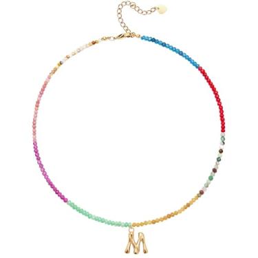 Imagem de MEVOME Colar feminino com contas com inicial de pedras, semipreciosas, boho, pedra semipreciosa, banhado a ouro 18 K, arco-íris, colorido, moderno, alfabeto, gargantilha delicada, joia feminina para