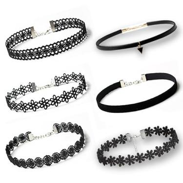 Imagem de CeroDimo Conjunto de 6 gargantilhas gargantilhas gargantilhas góticas pretas de veludo em camadas estilo tatuagem cruz estilo tatuagem gargantilha para mulheres