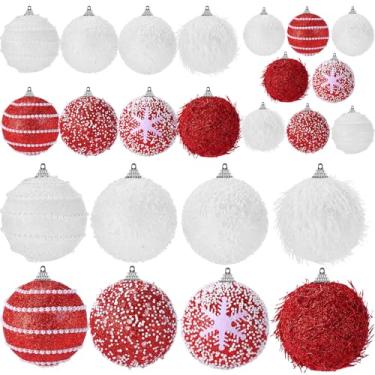 Imagem de VioraWhite 24 peças de enfeites de bola de glitter de Natal, tamanhos variados, enfeite de árvore de Natal de espuma, bolas penduradas para festas de Natal, Ano Novo, decorações de casa (vermelho