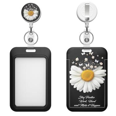 Imagem de Porta-crachá retrátil com clipe de mosquetão e chaveiro, várias opções de padrões, bonito e moderno (margarida de fundo preto)