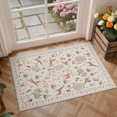 Imagem de BESBLEE Tapete de porta para entrada interna, 5 x 7 cm, estampa floral, tapete lavável à máquina, tapete antiderrapante de pelo baixo para entrada, porta da frente, berçário, bege