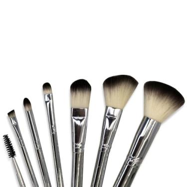 Imagem de Kit Profissional de Pincéis para Maquiagem, 6 Pincéis com Cerdas Sintéticas, Esponja Gota Incluída, Nylon e Polipropileno, Prata e Branco