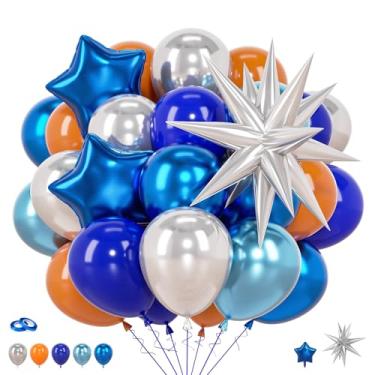 Imagem de Balões espaciais azul marinho laranja metálico prata estrela balão folha 30,5 cm 52 peças decorações temáticas astronauta para meninos chá de bebê decoração de festa de aniversário suprimentos de pano