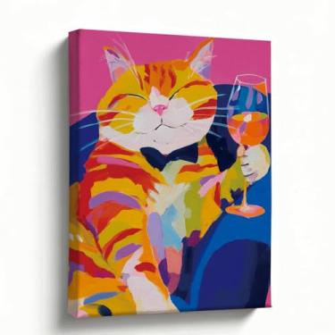 Imagem de Arte de parede em tela de gato, gato malhado colorido com pintura de vinho, estilo pop art vibrante, decoração de bar e cozinha, sala de jantar, presente engraçado para amantes de animais de estimação