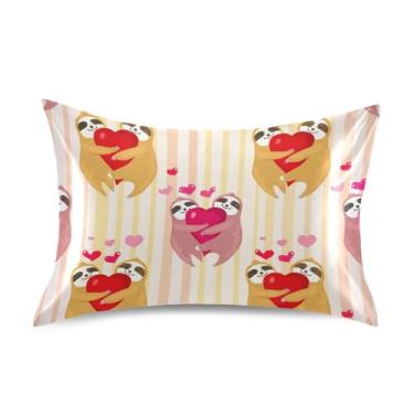 Imagem de Fronha padrão Queen King Cute Sloths Stripes Valentine Cetim Cool Fronhas Personalizadas Refrigeração Macia Fronha King Size 101.6 cm x 50.8 cm