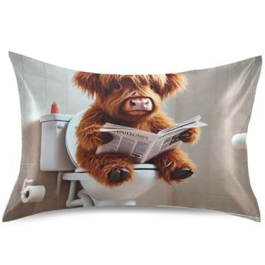 Imagem de Lindas capas de almofada de cetim com estampa de vaca Highland para cabelo, capas de travesseiro padrão King Queen, decoração de casa, tamanho padrão, 66 x 50 cm