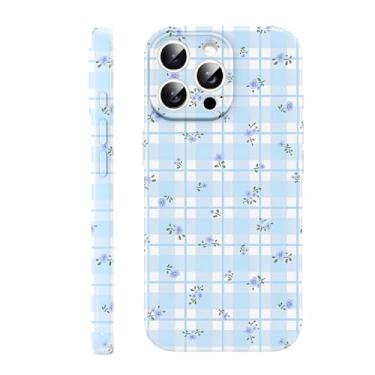 Imagem de FBHGLOA Capa de telefone para iPhone 16 Pro Max de 6,9 polegadas, linda flor guingão azul, estética, moderna, bonita, xadrez, capa para mulheres e meninas, de silicone macio, fina, TPU (poliuretano