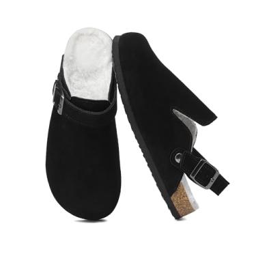 Imagem de Gvimenos Tamancos de camurça para mulheres, fivela ajustável com palmilha de cortiça confortável e suporte de arco, Pele preta, 38