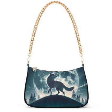 Imagem de Bolsa feminina vintage azul verde náutica fofa bolsa noturna vintage bolsa de ombro, Wolf Dancing Under the Moon