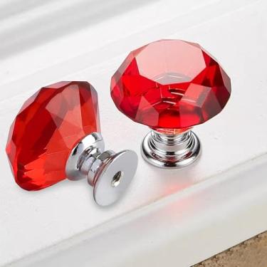 Imagem de LEPEVNEY Puxadores de porta de vidro de cristal vermelho puxadores de gaveta de corte de diamante para gaveta de guarda-roupa de armário com parafusos M4 x 22 mm, 40 mm, 2 peças