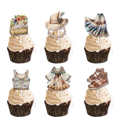 Imagem de Conjunto de 18 peças retrô com glitter, moda, boêmio, roupa boho, cupcake, tema chique, tema chique, aniversário, decoração para mulheres, meninas, feliz aniversário, lembrancinha, conjunto de