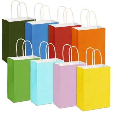 Imagem de Pacote com 64 sacos de papel pequenos arco-íris com alças, 21 cm x 15 cm x 3 cm, 8 cores, sacos de lembrancinha de festa de papel a granel para crianças, chá de bebê, artesanato, casamento