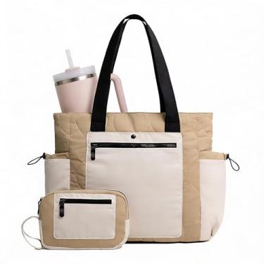 Imagem de Milan Chiva Bolsa feminina leve acolchoada bolsa de trabalho bolsa de ombro para viagem, uso diário, escola, bolsas de enfermeira, 2 peças, Cáqui creme, Medium