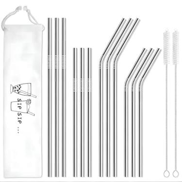 Imagem de Pacote com 12 canudos reutilizáveis de aço inoxidável com saco, canudos longos de metal reutilizável para copos de 850 g e 590 ml, seguros para lava-louças, com 2 escovas de limpeza de canudo
