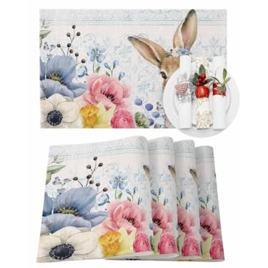 Imagem de Jogo americano de Páscoa, coelho, coelho, flor, floral, tapetes para sala de jantar, mesa de jantar, folhas, plantas, laváveis, tapetes de mesa, primavera, dia da Páscoa, decorações de cozinha,