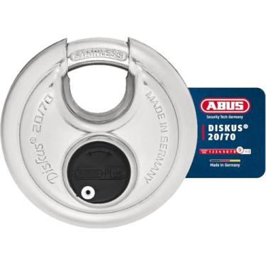 Imagem de ABUS Diskus Cadeado de disco de aço inoxidável resistente 20/70 - Trava de armazenamento à prova de ferrugem com manilha de 9,5 mm - Feito na Alemanha - Chave diferente