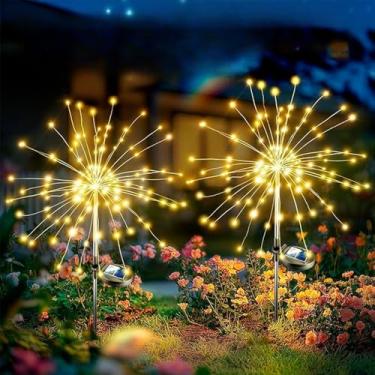 Imagem de Luminaria Solar Externa Luzes de Natal 120 Led Luzes de Fogos de ArtifíCio para Gramado de Natal(Branco quente)