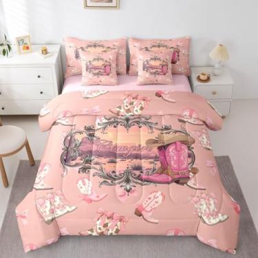 Imagem de Erosebridal Conjunto de edredom de casal com estampa de laço e vaqueira rosa - conjunto de cama de 7 peças com botas de caubói vintage, estilo fazenda, campo, rural, estilo fazenda, conjunto de colcha