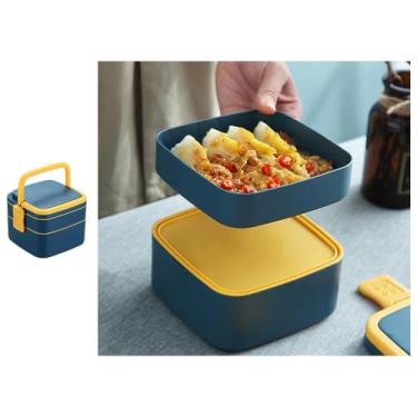 Imagem de 1 caixa de plástico portátil de camada dupla com alça Bento com colher para escritório e piqueniques ao ar livre e pode ser colocada no forno de micro-ondas (azul)