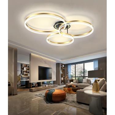 Imagem de Luminária de teto LED moderna, com intensidade regulável, para sala de estar, com controle remoto e por aplicativo. Ideal para sala de estar, quarto e cozinha. Luminária pendente (dourada, g