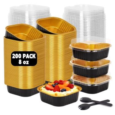 Imagem de DeziWood Pacote com 200 mini formas de bolo de alumínio ouro preto de 227 g com tampas e colheres, copos quadrados descartáveis, ramequins de folha segura para forno para sobremesas individuais