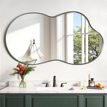 Imagem de Suidia Espelho de parede irregular, espelho de banheiro de 91 x 61 cm, espelhos assimétricos, espelhos artísticos decorativos para sala de estar, quarto, banheiro, corredor, entrada, preto, estilo
