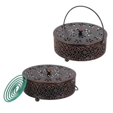 Imagem de Suporte portátil de bobina de mosquito, hogardeck 16 cm redondo à prova de fogo de metal à prova de fogo com alça, queimador de incenso oco retrô para jardim, gramado, pátio (Bronze, pacote com 2)