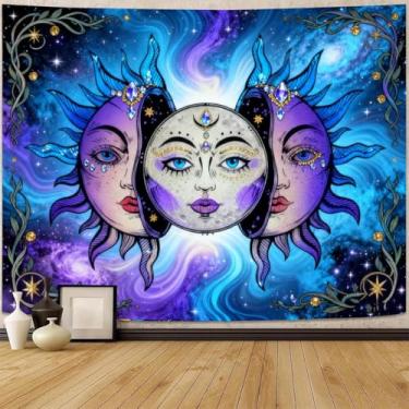 Imagem de FENDROM Tapeçaria hippe boho sol e lua, tapeçarias coloridas tripy, estética mística, sol ardente, lua, cobertor para pendurar na parede para quarto, sala de estar, dormitório