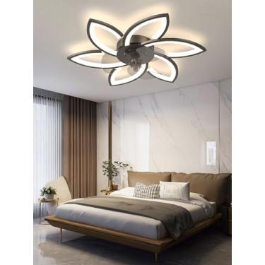 Imagem de Ventilador de teto com luminária LED moderna, silencioso e criativo, em formato de flor, com controle remoto, dimerizável e 6 velocidades, ideal para quarto e sala de estar (preto, 78 cmA).