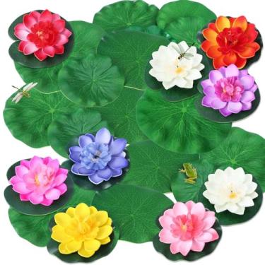 Imagem de Zeyune 24 peças de flores de lótus de espuma flutuante artificial com folhas de lótus artificiais, almofadas de lírio falsas para decoração de jardim (multicoloridas)