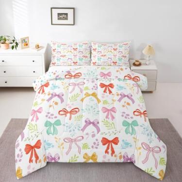 Imagem de Erosebridal Jogo de cama fofo com laço feminino, princesa sonhadora, Queen, para meninas, com laço, kawaii, aquarela, multicolorido, laço, folhas, conjunto de cama para crianças, adolescentes e