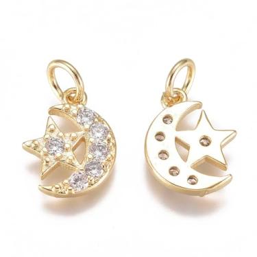 Imagem de 2 pingentes de lua de latão com estrela, pingentes de zircônia cúbica transparente, banhado a ouro 18 K, pequenos pingentes de joias para brincos faça-você-mesmo, colares, pulseiras, correntes, joias