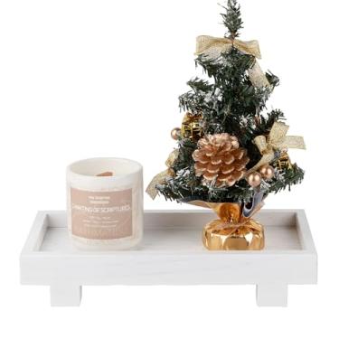 Imagem de Bandeja decorativa com pedestal pequeno, decoração de banheiro de fazenda, suporte de exibição de madeira para penteadeira, bancada de cozinha, pia, 27 x 13 cm, branco