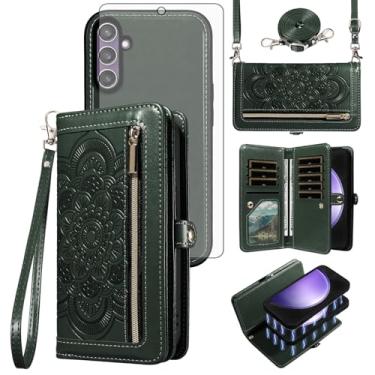 Imagem de Asuwish Capa de celular para Samsung Galaxy S24 FE 5G carteira com zíper destacável com protetor de tela de vidro temperado alça de pulso flor porta-cartão S 24 EF AI S24FE 24S 24FE mulheres homens