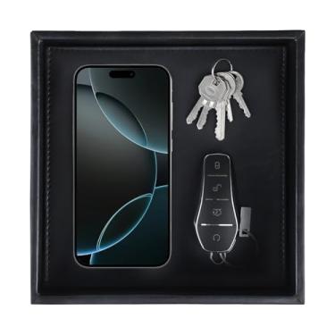 Imagem de HofferRuffer Bandeja de couro sintético, organizador de armazenamento de mesa elegante, organizador decorativo para perfume, manobrista de banheiro, mesa de cabeceira ou cômoda, 20 x 20 x 4,6 cm