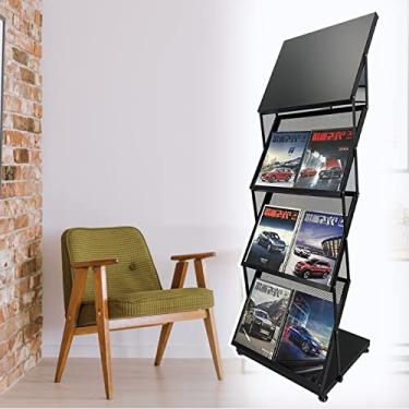 Imagem de ZDJZMGZ Suporte de exibição de escritório e suporte de revista, brochura dobrável, literatura, revista, com bolsos 3/4, suporte de exposição preto para cafeterias (3 níveis)
