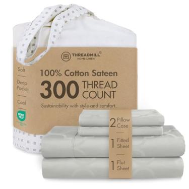 Imagem de Threadmill Jogo de cama casal de algodão | 100% algodão para cama de casal | Conjunto de lençóis de casal Damasco Jacquard com bolso profundo de 40,6 cm | Conjunto de cama refrescante de 4 peças de