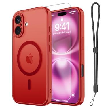 Imagem de Janmitta Capa magnética para iPhone 16 Plus, com protetor de tela, compatível com MagSafe, proteção de câmera, proteção contra quedas de grau militar, capa de telefone fosca translúcida fina, vermelha
