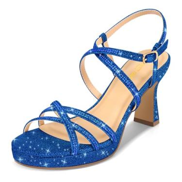 Imagem de PIZZ ANNU Sandália feminina Stellora plataforma salto alto bloco tiras brilhantes strass aberto bico aberto tira no tornozelo sapato sapato sapato para festa casamento, Azul royal, 40