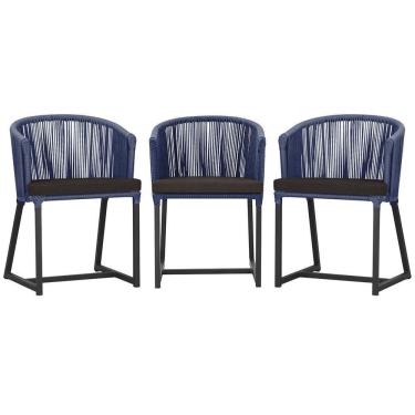 Imagem de 3 Cadeiras De Jantar Noronha Preta Corda Náutica E9 Trama Azul