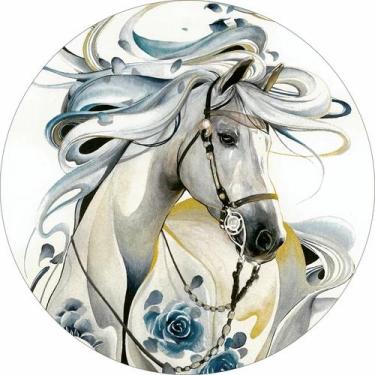 Imagem de Painel de Tecido Sublimado Redondo Cavalo Aquarela Rosas Azuis c/ Elás