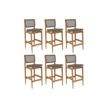 Imagem de Banqueta Cozinha Liz 1BMM009CA Premium Madeira Maciça Kit 6 Un Carvalho/Linho Escuro/Tela Chumbo Kappesberg