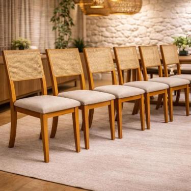 Imagem de Kit Conjunto 6 Cadeiras de Jantar Linho Bege Estofadas com Palha Sexta