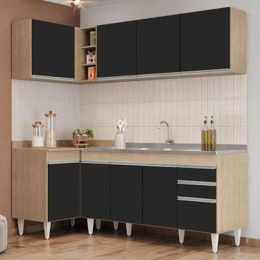 Imagem de Armário De Cozinha Modulado De Canto Direito 4 Peças Cp42 Com Pia Inox Castanho/preto - Lumil