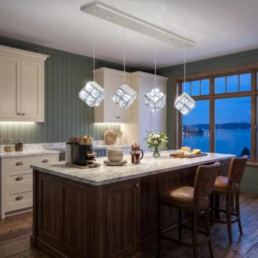 Imagem de dolria 4 luzes pendentes de cristal retangulares modernas para sala de jantar LED regulável lustre de iluminação pendente para cozinha, ilha, hall de entrada, corredor, escada, prata