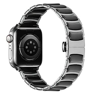 Imagem de MaKTech Cerâmica Pulseira,Fina Cerâmica Incrustada em Aço Inoxidável Pulseira de Elo,para Apple Watch 10/9/Ultra 2/SE/8/7[2024] (46mm/45mm/44/49mm,Prata/Preto)