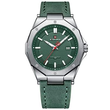 Imagem de Relógios de couro masculinos analógicos de quartzo à prova d'água data relógios de pulso casuais masculinos relógio esportivo masculino relógio de pulso de couro de quartzo, Prateado, verde