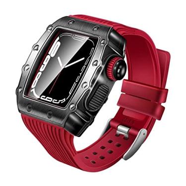 Imagem de KANUZ Pulseira de borracha para Apple Watch 7 Band 45mm Metal Aço Inoxidável Protetor Matel Case Alça para iWatch7 6 5 4 3 SE 44mm 41MM 40mm (Cor: Vermelho, Tamanho: para iwatch 45MM)